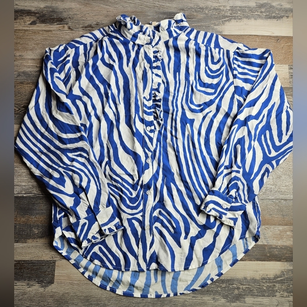 Orlinn Paris Blue and White Zebra pattern Blouse Ruffle Neck & Cuffs - Picture 1 of 12